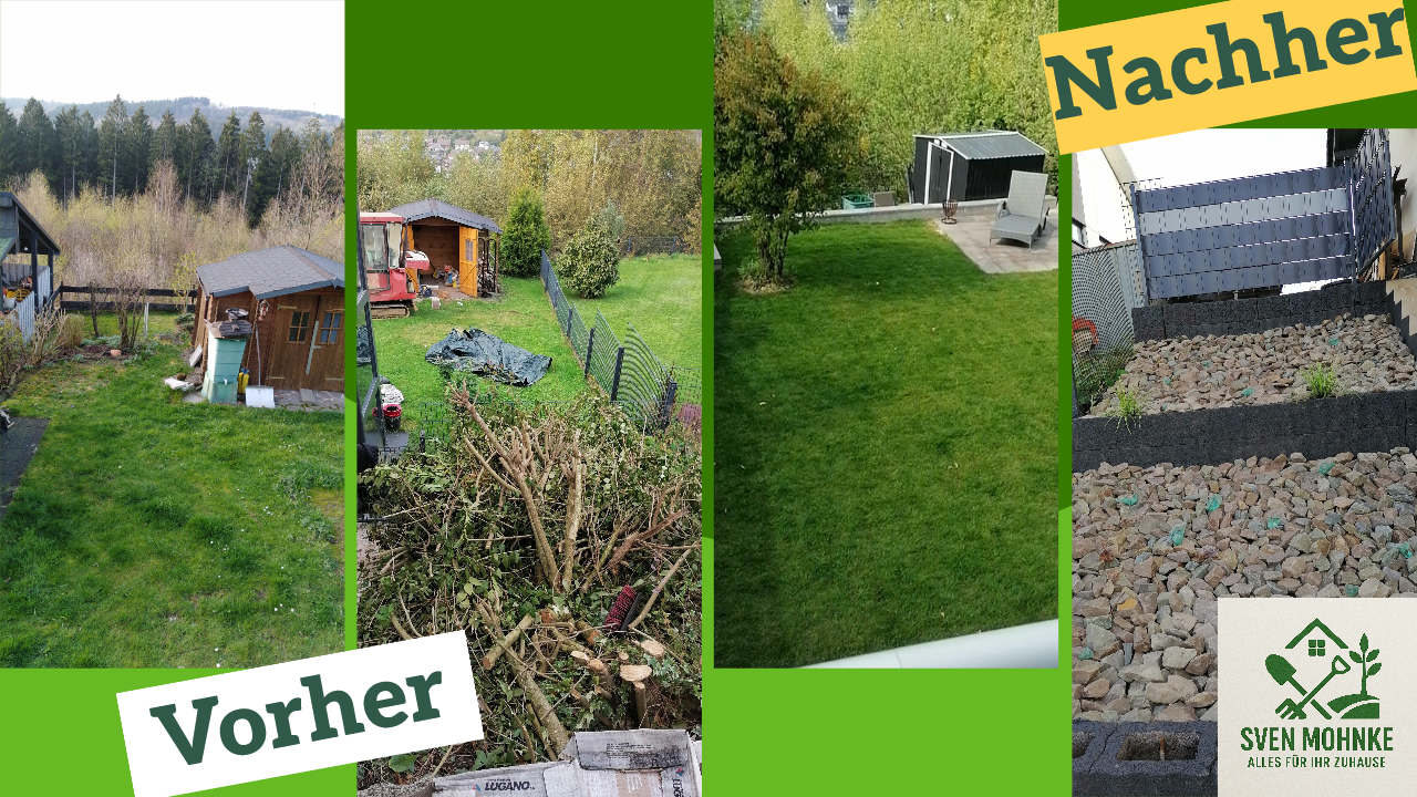 Gartenbereich vor und nach der Umgestaltung mit Rasen und Kiesflächen.